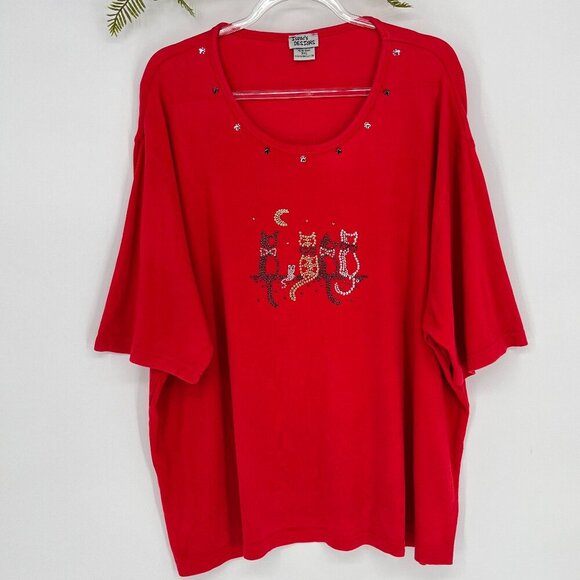 Issaac's Designs Red Short Sleeve t-shirt Size 3XL Cats Rhinestones Pawprints - Picture 1 of 7